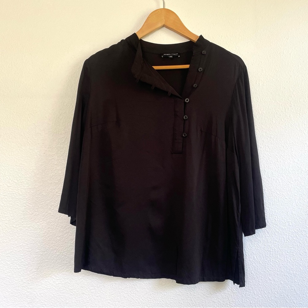 Unique asymmetric black side button silky blouse, size M
